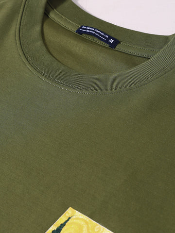Men's Green Relaxed Fit Embroided 240 GSM Casual T-Shirt