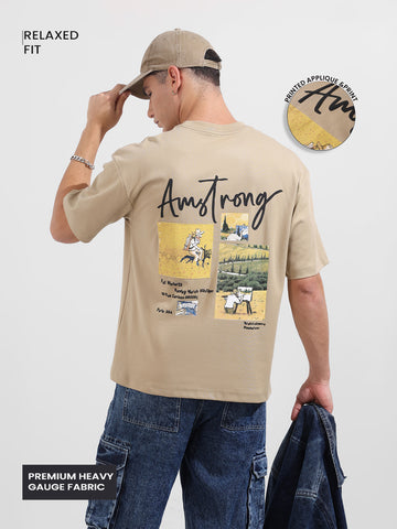 Men's Beige Relaxed Fit Embroided 240 GSM Casual T-Shirt