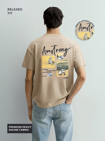 Men's Beige Relaxed Fit Embroided 240 GSM Casual T-Shirt
