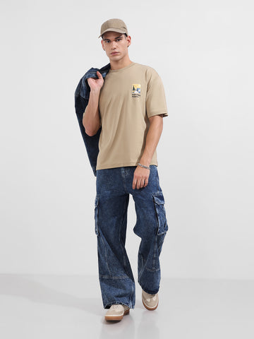 Men's Beige Relaxed Fit Embroided 240 GSM Casual T-Shirt