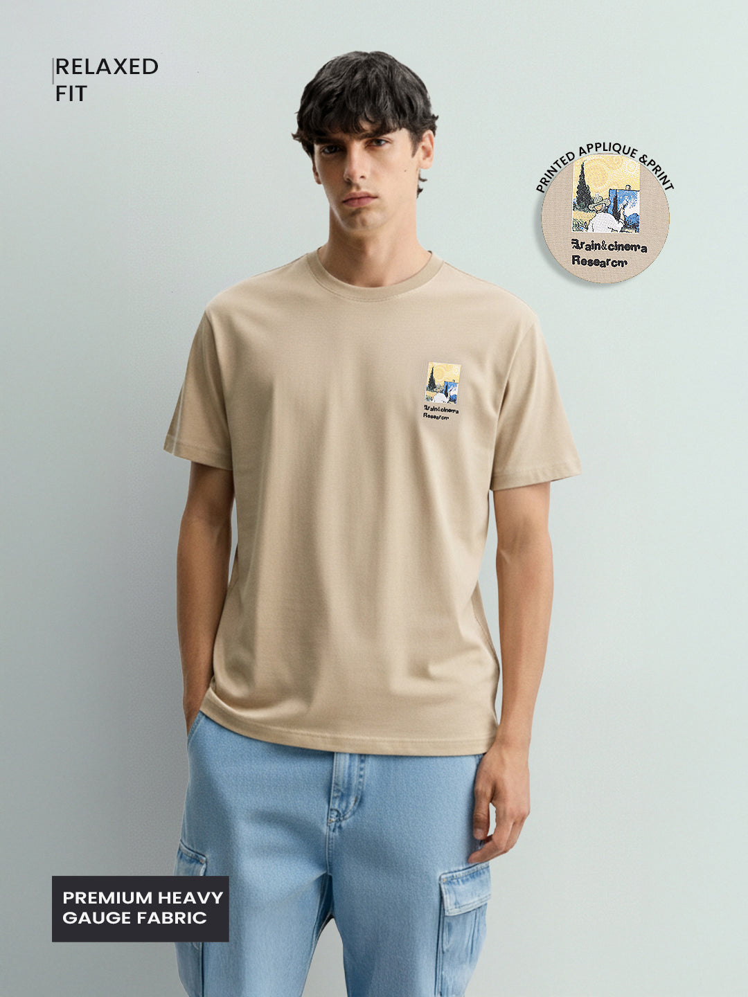 Men's Beige Relaxed Fit Embroided 240 GSM Casual T-Shirt