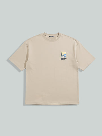Men's Beige Relaxed Fit Embroided 240 GSM Casual T-Shirt