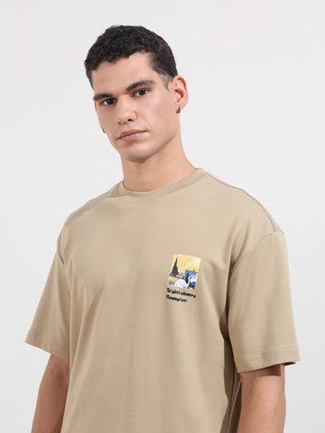 Men's Beige Relaxed Fit Embroided 240 GSM Casual T-Shirt