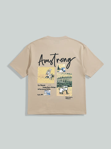 Men's Beige Relaxed Fit Embroided 240 GSM Casual T-Shirt