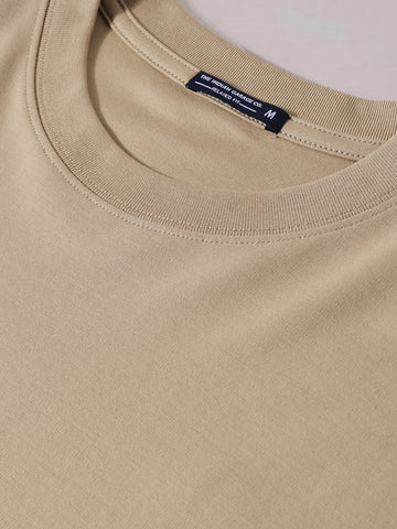 Men's Beige Relaxed Fit Embroided 240 GSM Casual T-Shirt