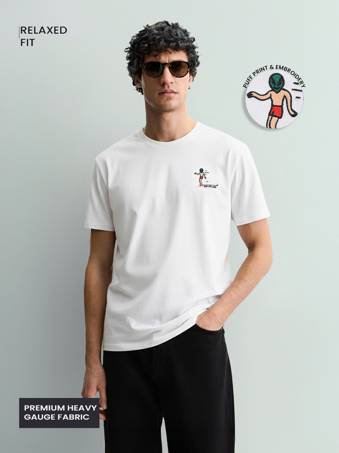 Men's White Relaxed Fit Embroided 240 GSM Casual T-Shirt