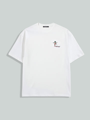 Men's White Relaxed Fit Embroided 240 GSM Casual T-Shirt