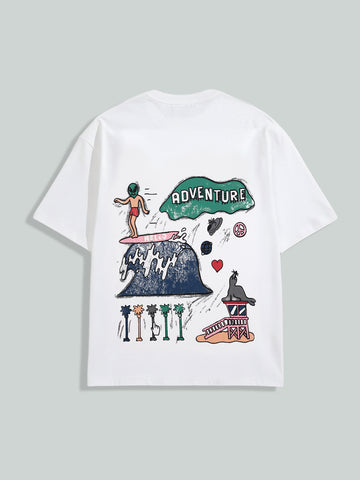 Men's White Relaxed Fit Embroided 240 GSM Casual T-Shirt
