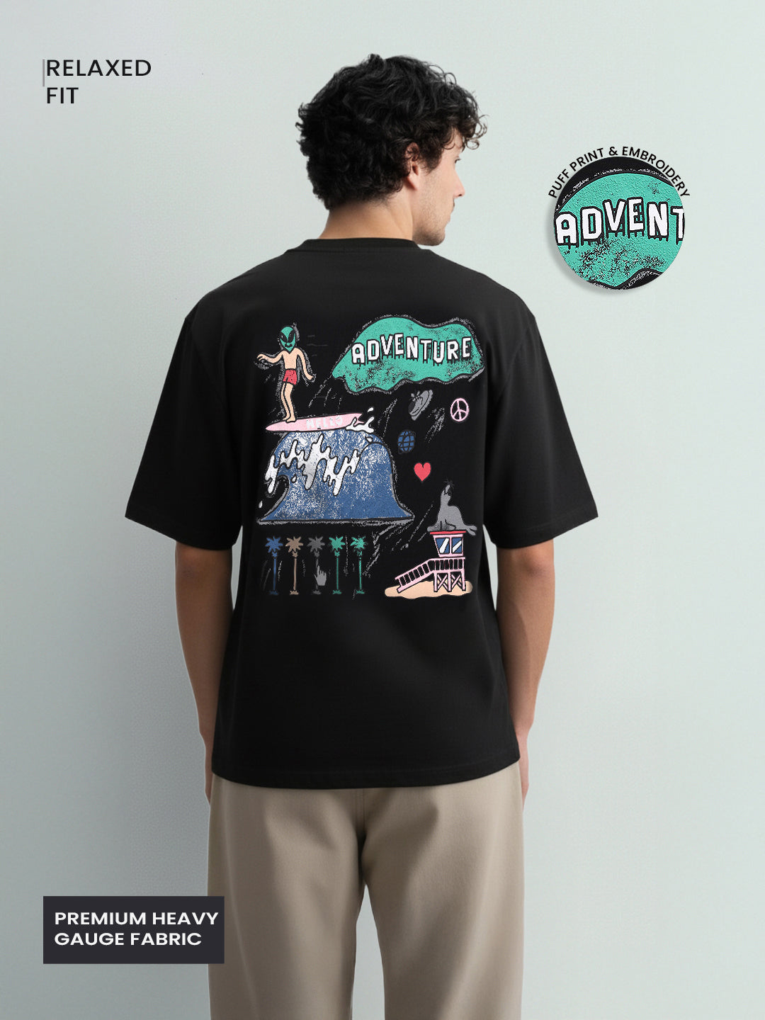 Men's Black Relaxed Fit Embroided 240 GSM Casual T-Shirt