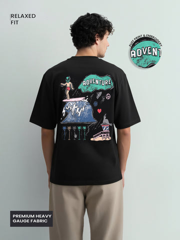 Men's Black Relaxed Fit Embroided 240 GSM Casual T-Shirt