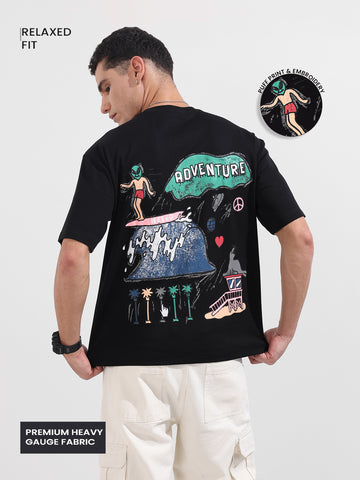 Men's Black Relaxed Fit Embroided 240 GSM Casual T-Shirt