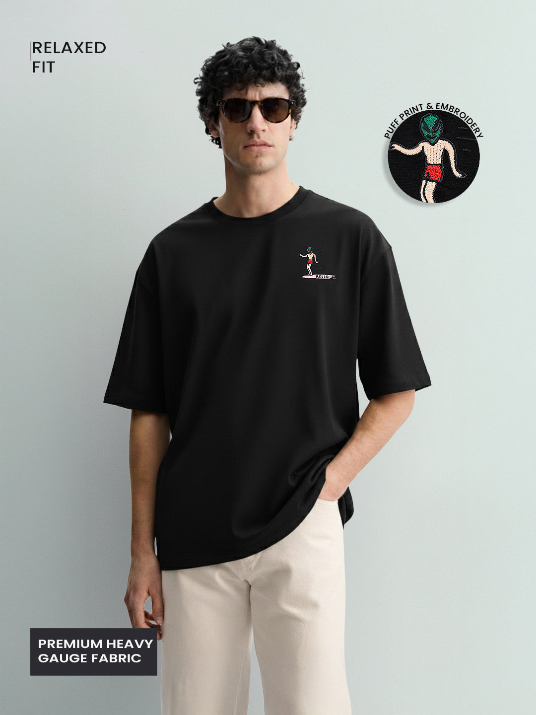 Men's Black Relaxed Fit Embroided 240 GSM Casual T-Shirt