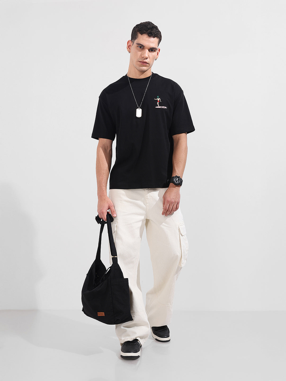 Men's Black Relaxed Fit Embroided 240 GSM Casual T-Shirt