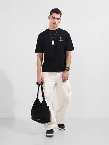 Men's Black Relaxed Fit Embroided 240 GSM Casual T-Shirt