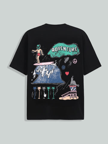 Men's Black Relaxed Fit Embroided 240 GSM Casual T-Shirt