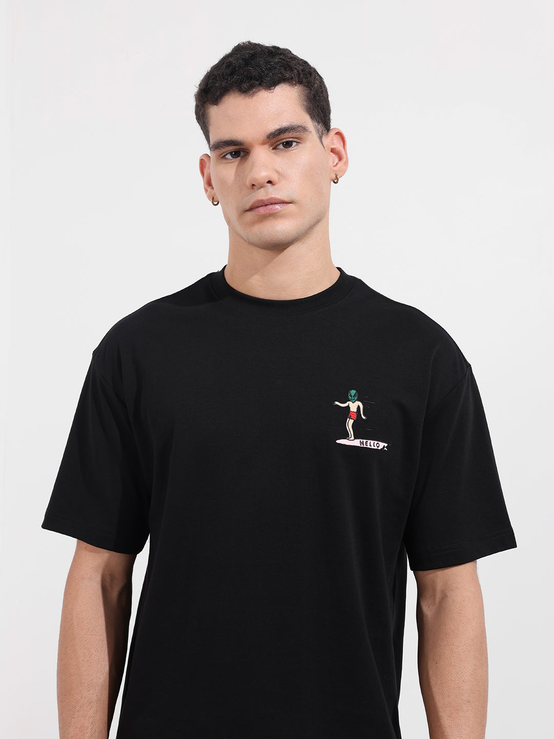 Men's Black Relaxed Fit Embroided 240 GSM Casual T-Shirt