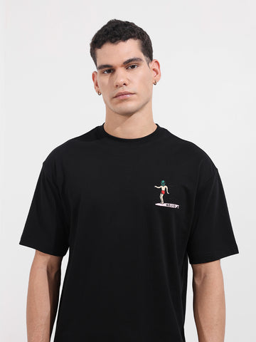 Men's Black Relaxed Fit Embroided 240 GSM Casual T-Shirt