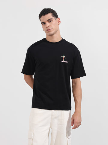 Men's Black Relaxed Fit Embroided 240 GSM Casual T-Shirt