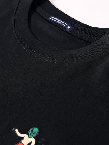 Men's Black Relaxed Fit Embroided 240 GSM Casual T-Shirt
