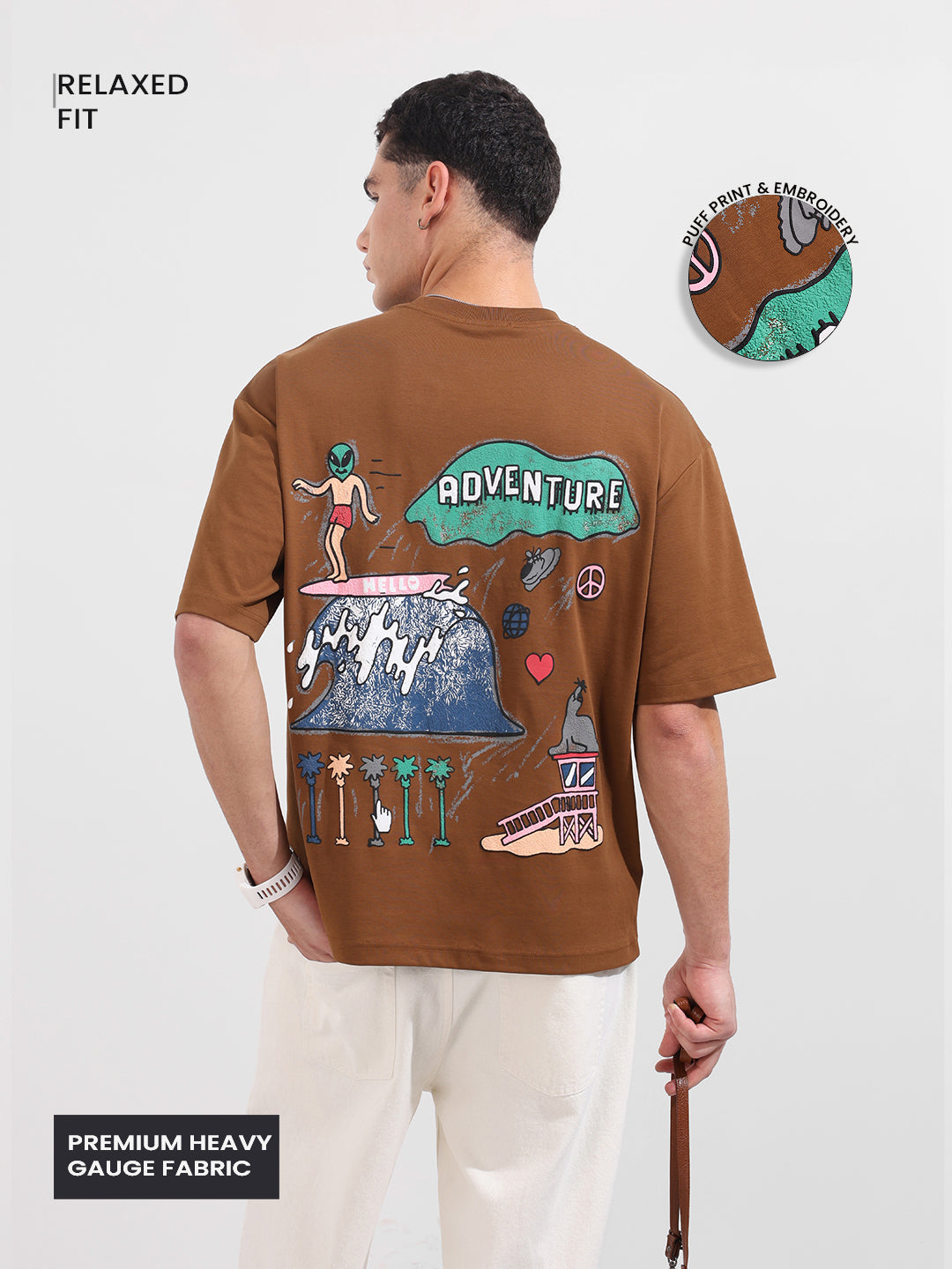 Men's Brown Relaxed Fit Embroided 240 GSM Casual T-Shirt