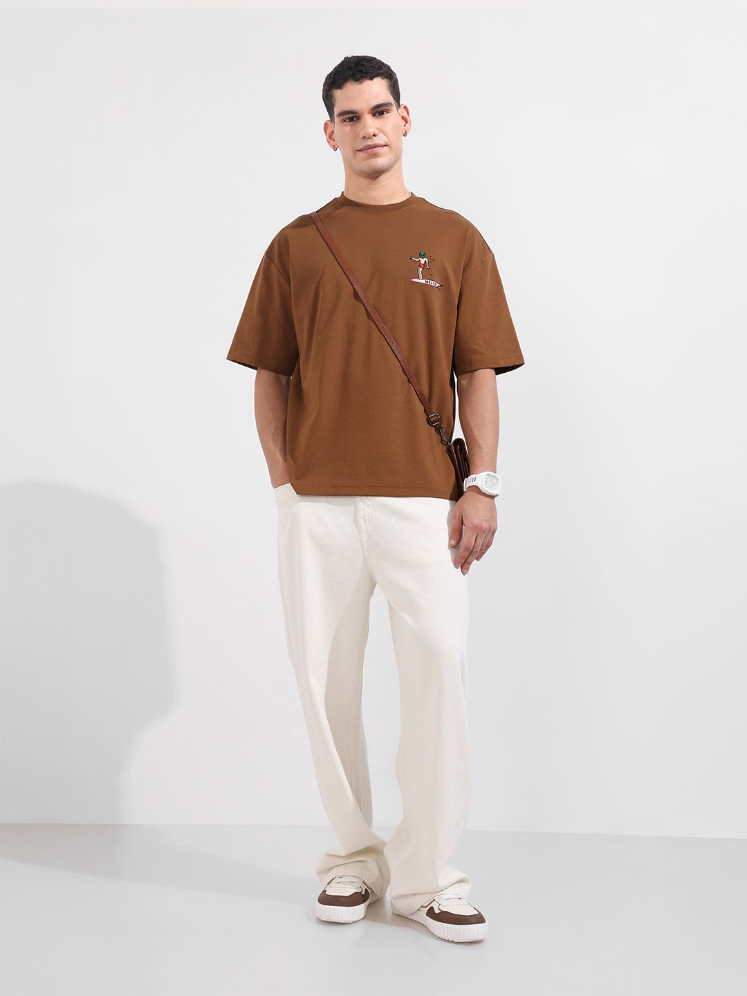 Men's Brown Relaxed Fit Embroided 240 GSM Casual T-Shirt