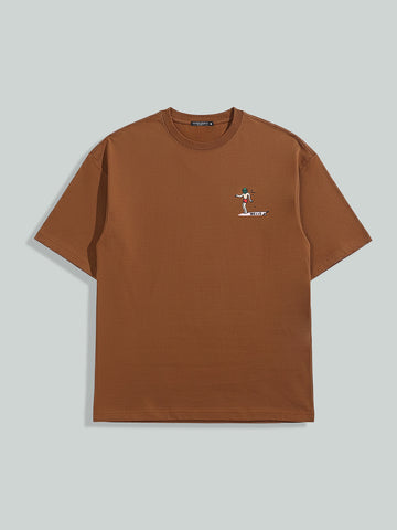 Men's Brown Relaxed Fit Embroided 240 GSM Casual T-Shirt