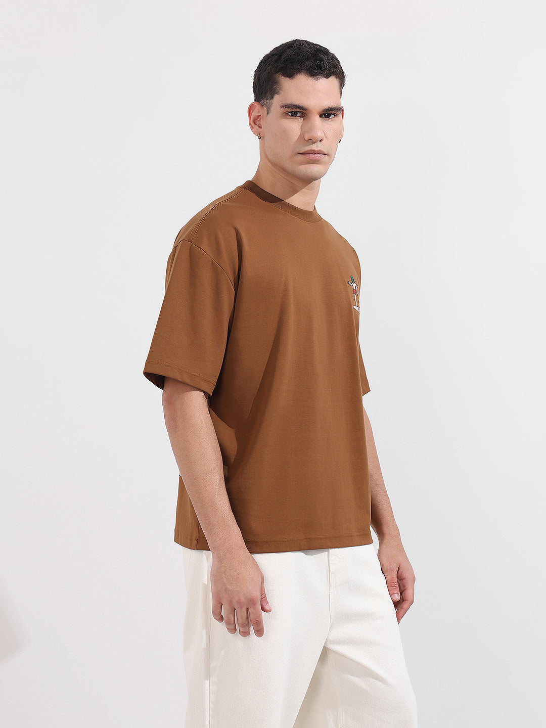 Men's Brown Relaxed Fit Embroided 240 GSM Casual T-Shirt