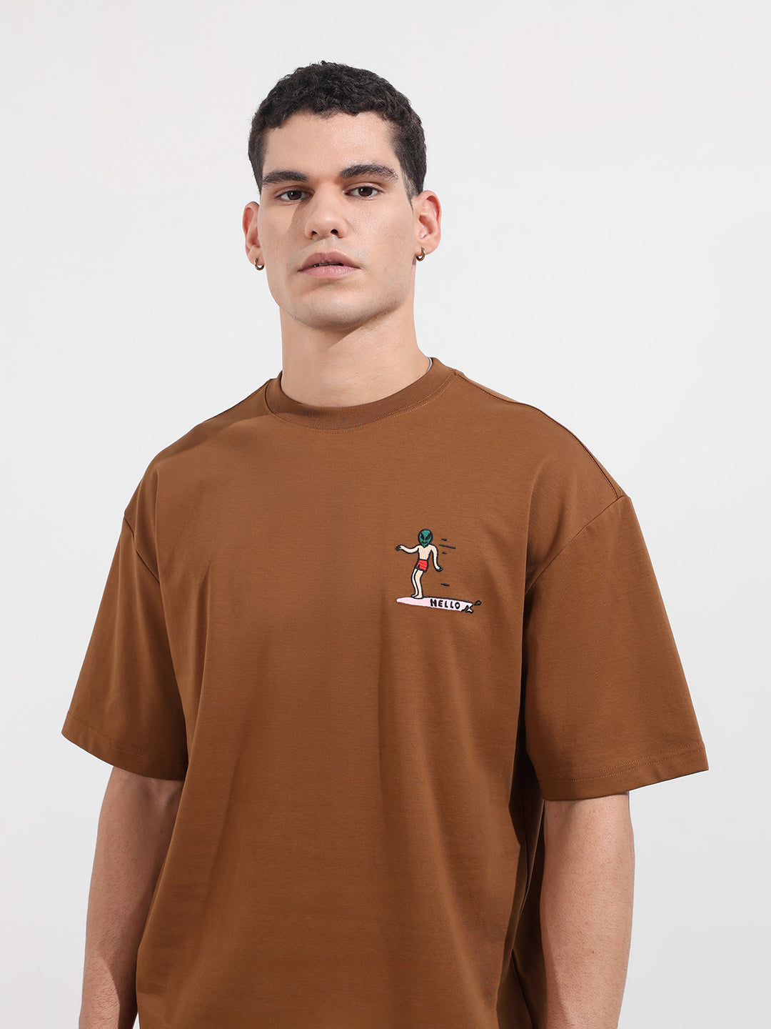 Men's Brown Relaxed Fit Embroided 240 GSM Casual T-Shirt