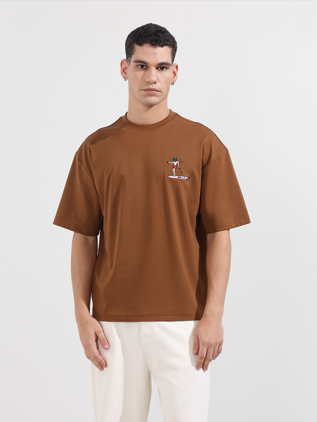 Men's Brown Relaxed Fit Embroided 240 GSM Casual T-Shirt