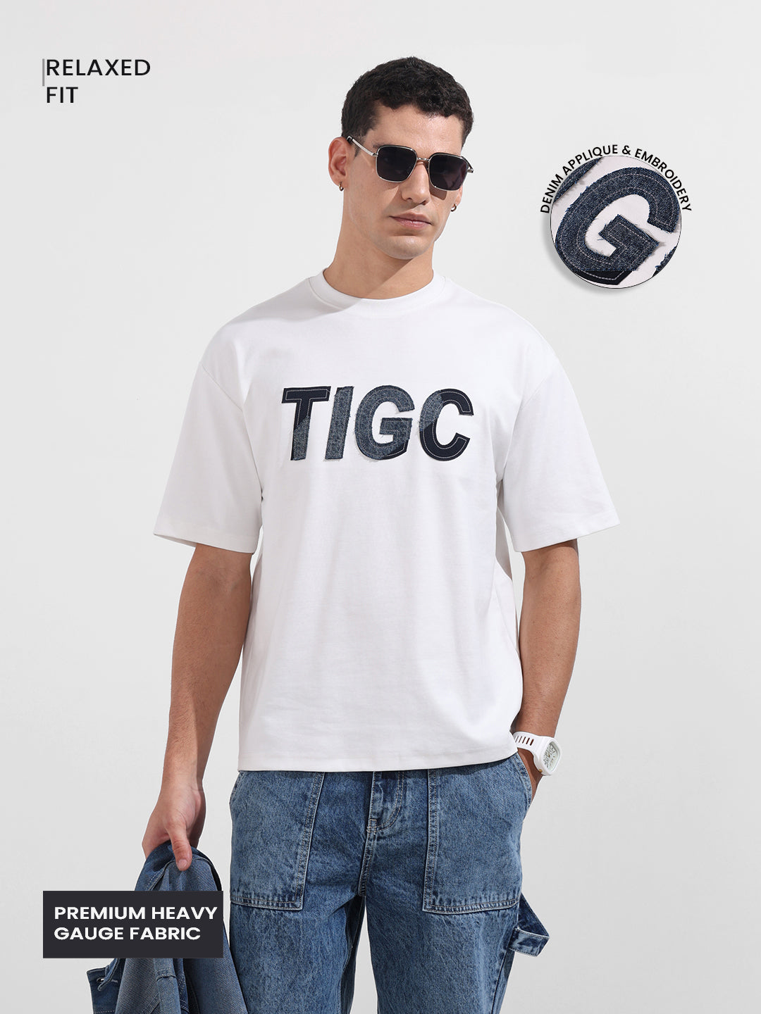 Men's White Relaxed Fit Embroided 240 GSM Casual T-Shirt