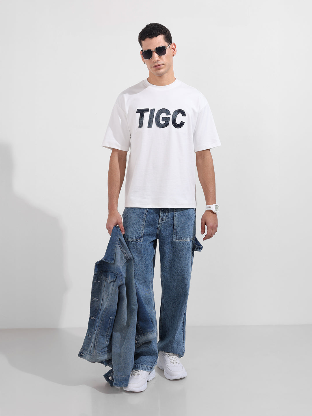 Men's White Relaxed Fit Embroided 240 GSM Casual T-Shirt
