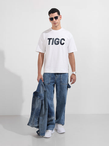 Men's White Relaxed Fit Embroided 240 GSM Casual T-Shirt