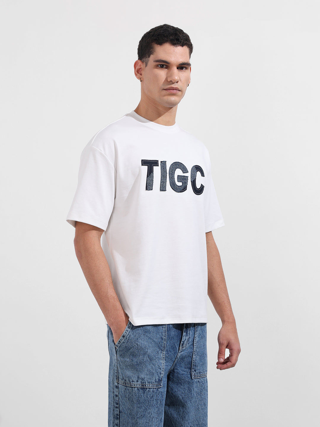 Men's White Relaxed Fit Embroided 240 GSM Casual T-Shirt