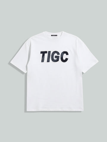 Men's White Relaxed Fit Embroided 240 GSM Casual T-Shirt