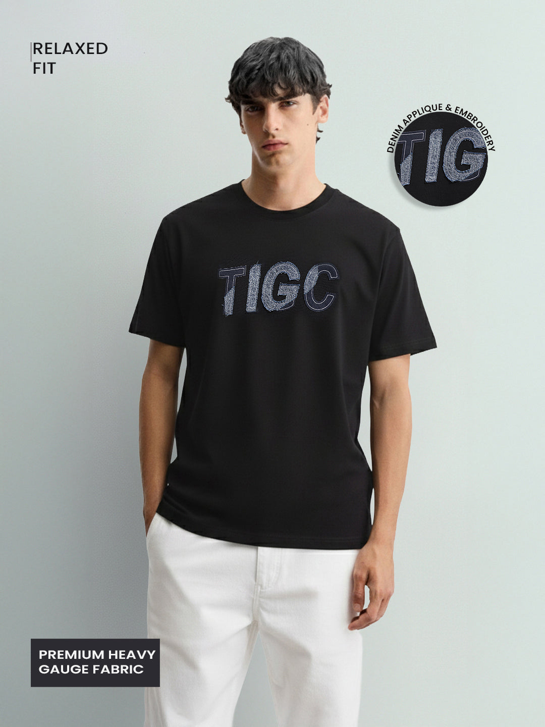 Men's Black Relaxed Fit Embroided 240 GSM Casual T-Shirt