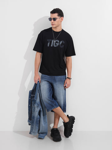 Men's Black Relaxed Fit Embroided 240 GSM Casual T-Shirt