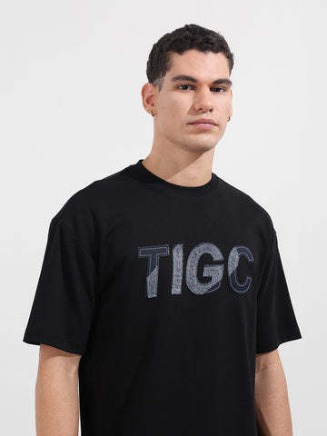 Men's Black Relaxed Fit Embroided 240 GSM Casual T-Shirt