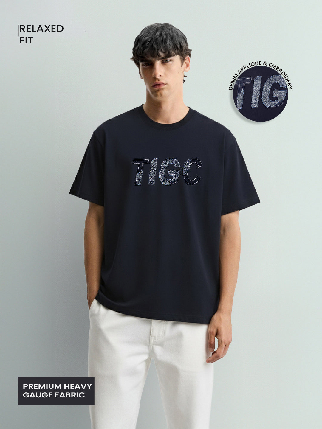 Men's Blue Relaxed Fit Embroided 240 GSM Casual T-Shirt