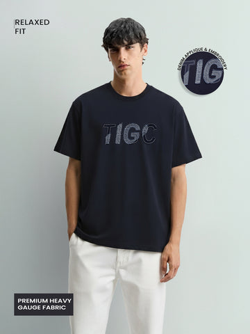 Men's Blue Relaxed Fit Embroided 240 GSM Casual T-Shirt
