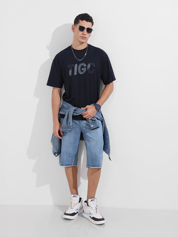 Men's Blue Relaxed Fit Embroided 240 GSM Casual T-Shirt