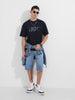 Men's Blue Relaxed Fit Embroided 240 GSM Casual T-Shirt
