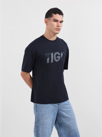 Men's Blue Relaxed Fit Embroided 240 GSM Casual T-Shirt