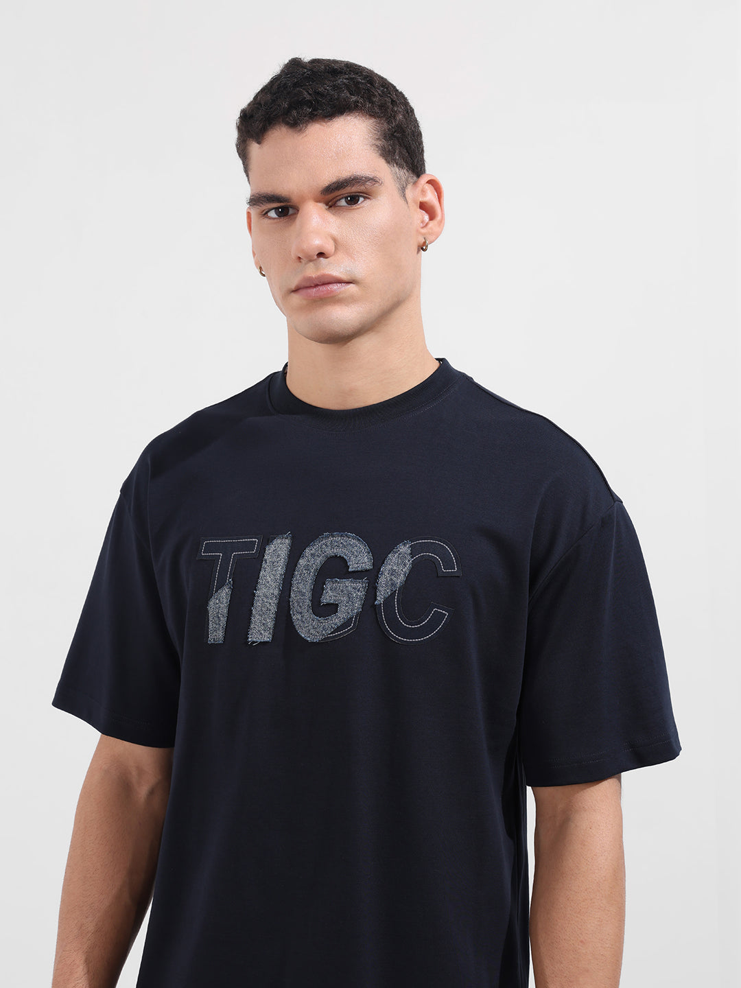 Men's Blue Relaxed Fit Embroided 240 GSM Casual T-Shirt