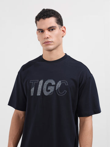 Men's Blue Relaxed Fit Embroided 240 GSM Casual T-Shirt