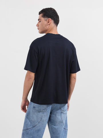 Men's Blue Relaxed Fit Embroided 240 GSM Casual T-Shirt