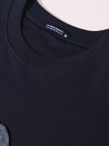 Men's Blue Relaxed Fit Embroided 240 GSM Casual T-Shirt