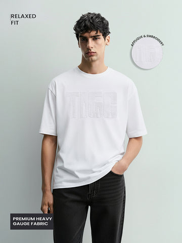 Men's White Relaxed Fit Embroidered Casual T-Shirt