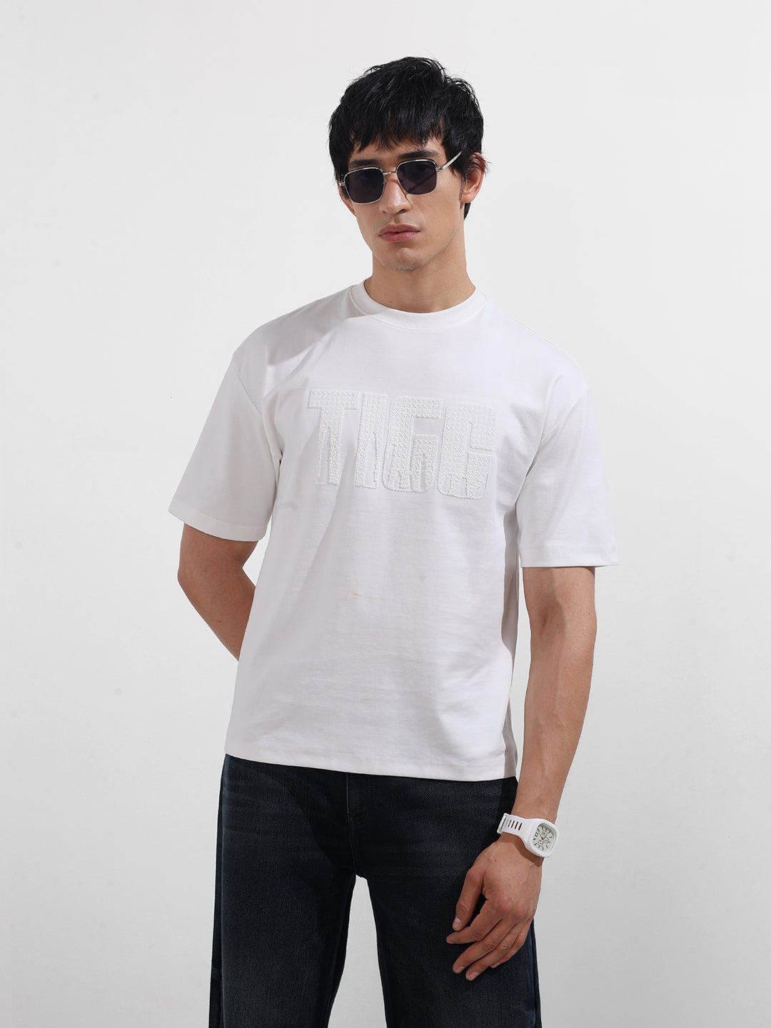 Men's White Relaxed Fit Embroidered Casual T-Shirt