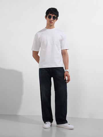 Men's White Relaxed Fit Embroidered Casual T-Shirt