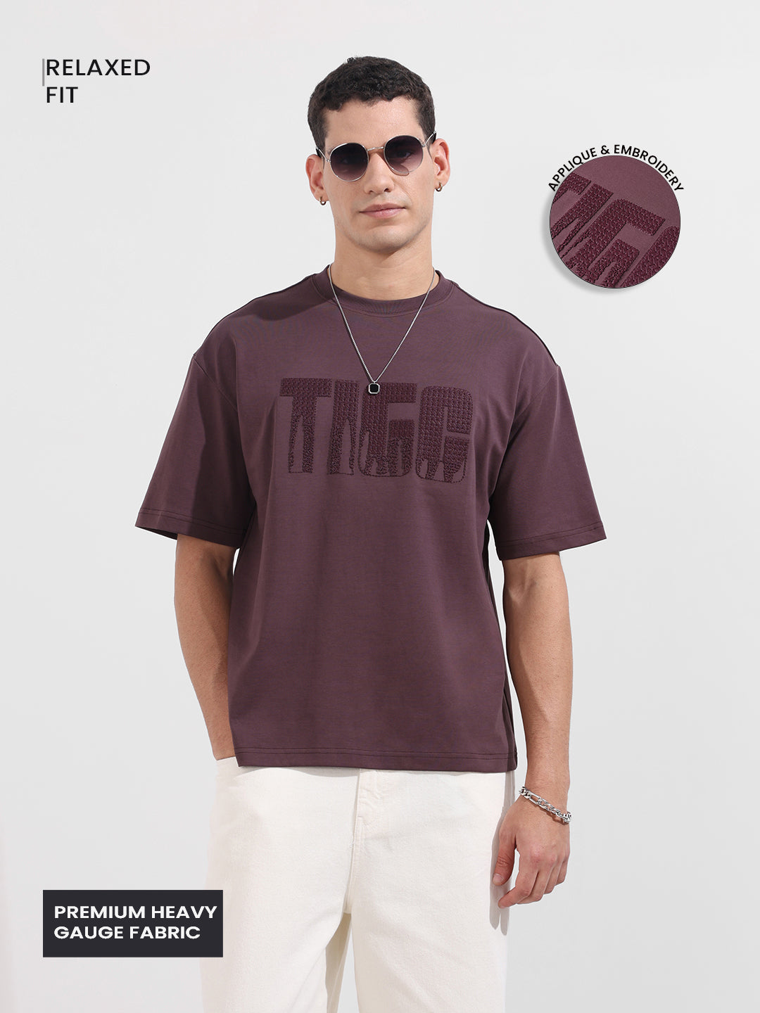Men's Purple Relaxed Fit Embroided 240 GSM Casual T-Shirt